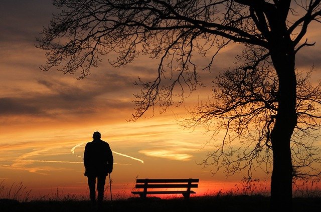 Old man with walking stick standing by a park bench looking at at orange sunset