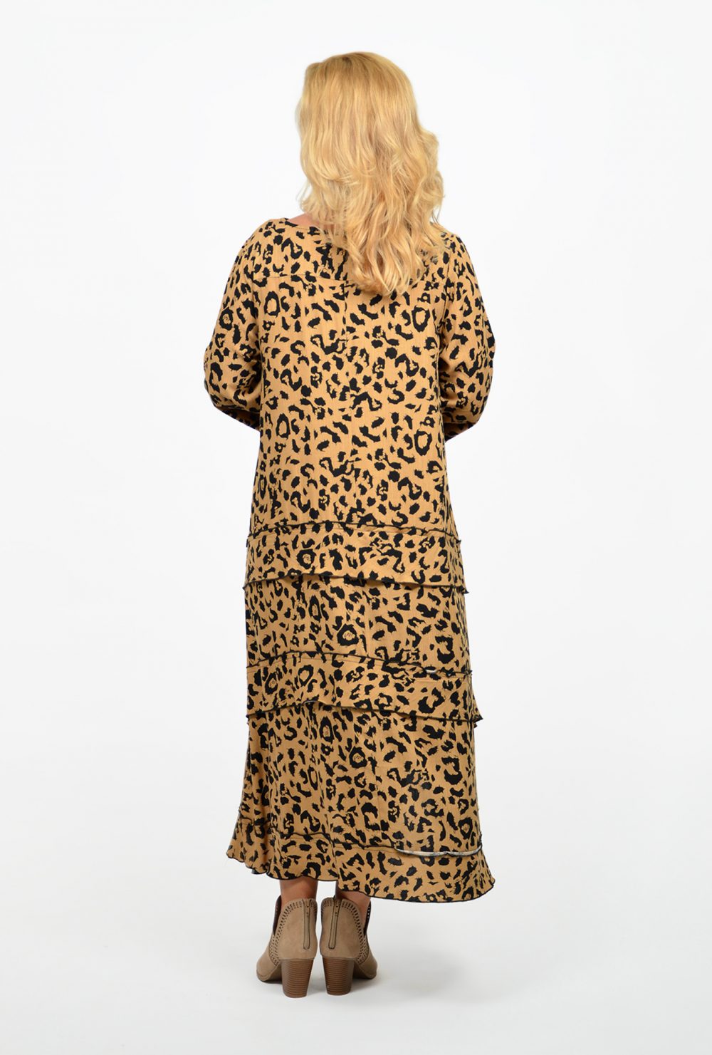 Back of dress, animal print, maxi dress worn by blond woman.