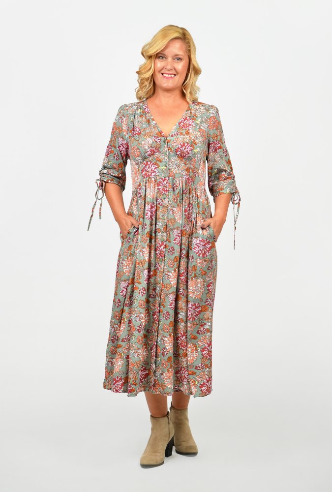 Blond woman wearing a floral print maxi dress.