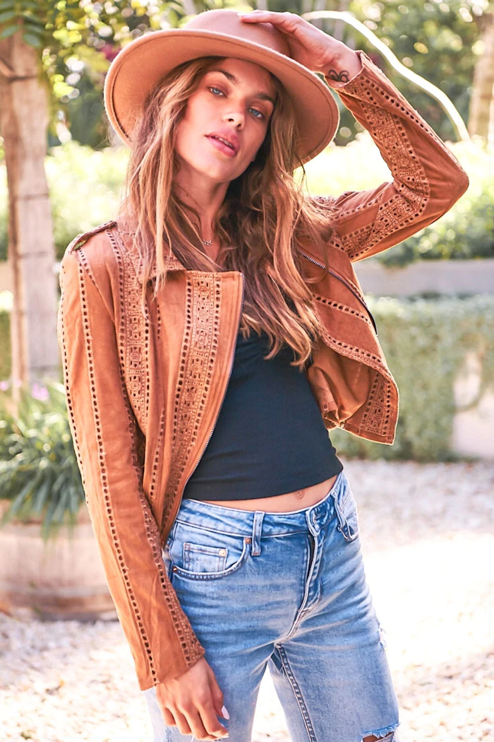 Woman wearing jeans, jacket and boho hat illustrating a styling point about what to wear in the post best country style dresses to wear with boots.