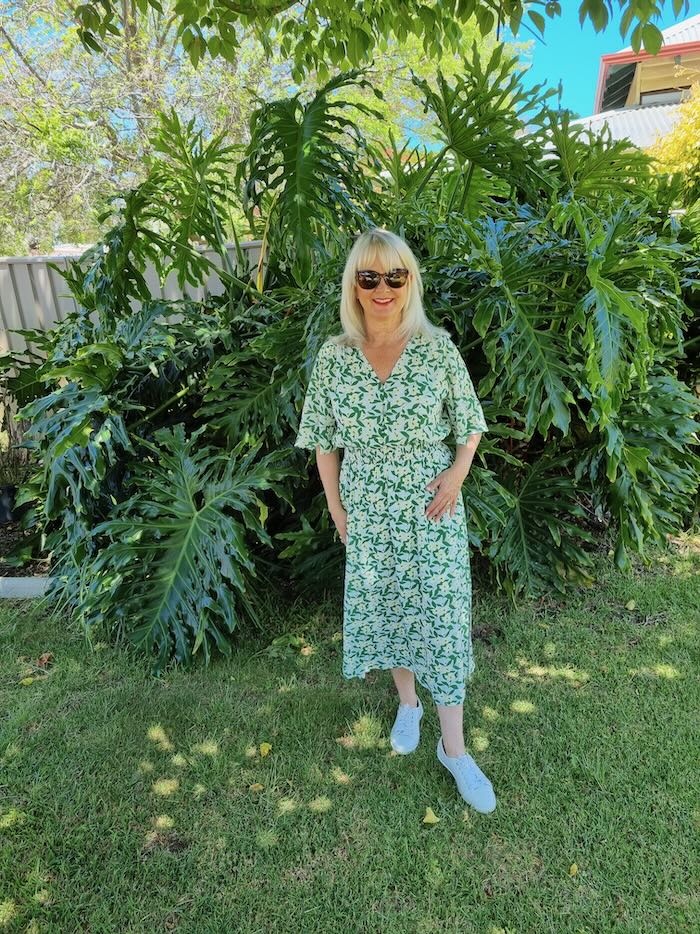 This jasmine vine print dress is a fabulous summer dress for women over 50