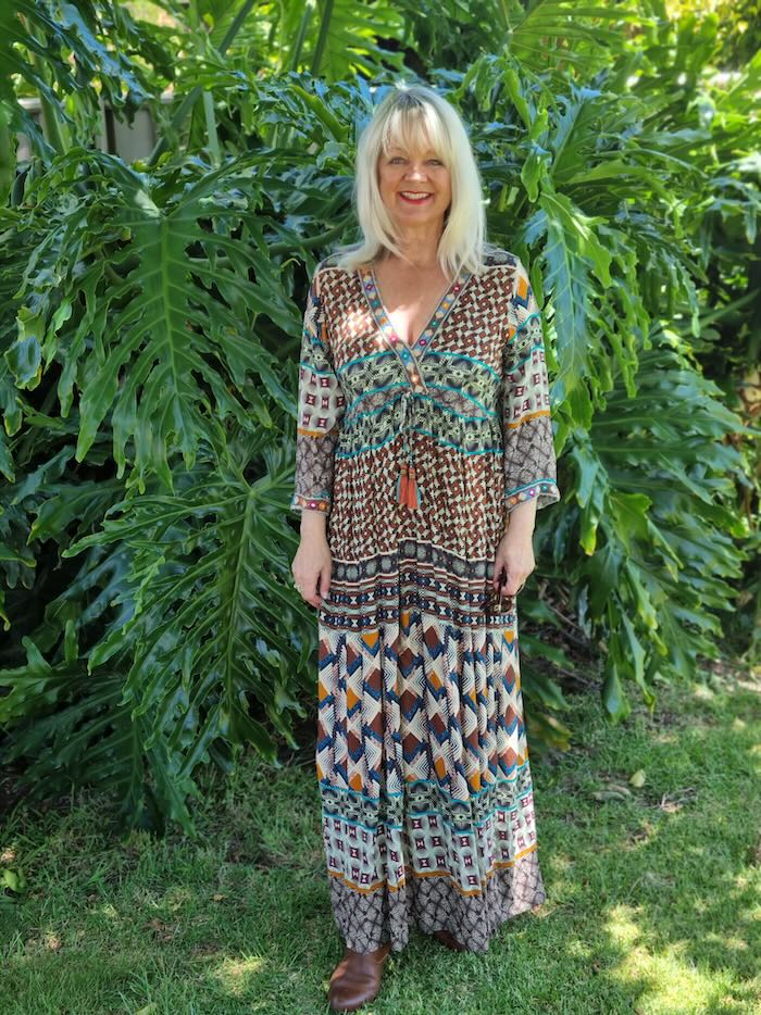 Boho style summer dress for women over 50 in a beautiful geometric print.