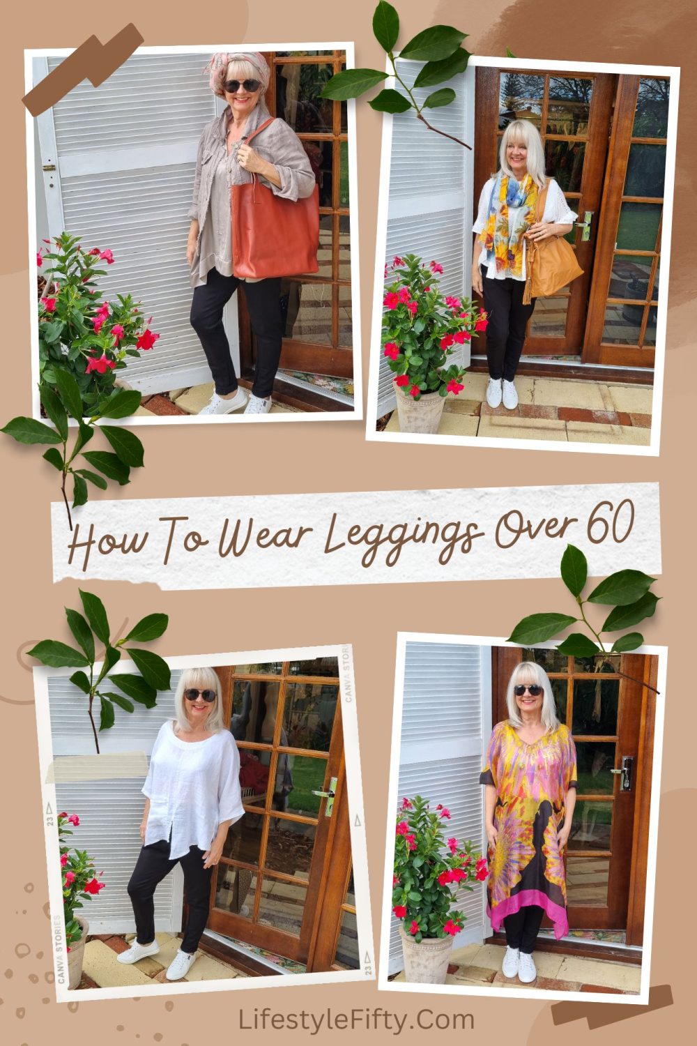 Images of a woman aged over 60 years old, showing how to wear leggings over 60. She is wearing various different outfits.