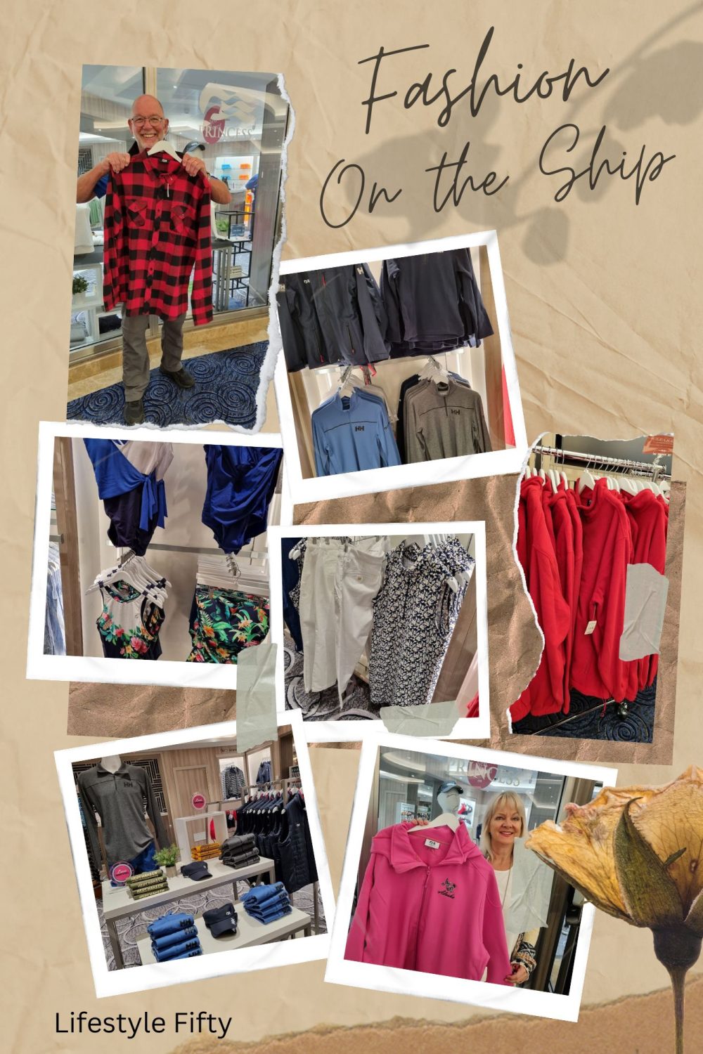 Collage of clothes available at shops on the Discovery Princess cruise to Alaska showing some of the garments you might buy if you forget to pack something.