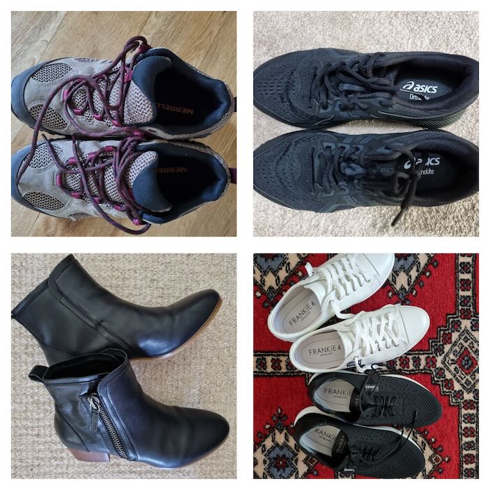 Five different pairs of shoes suitable to wear on a cruise to Alaska.