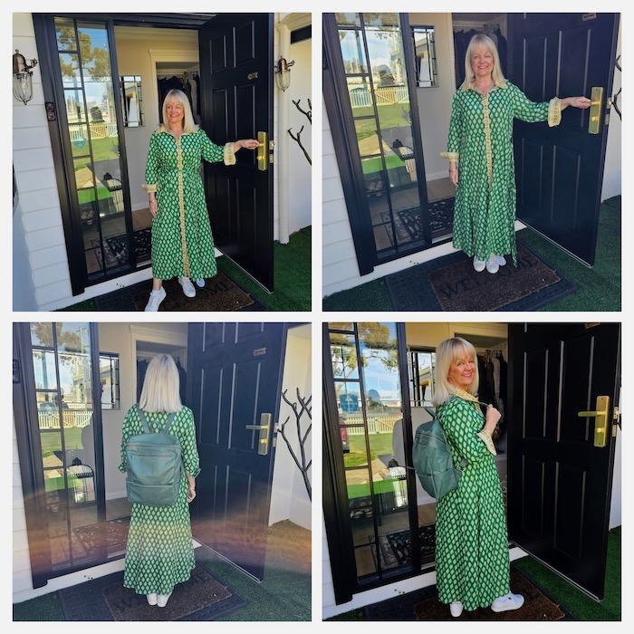 Collage of images. A blond woman over 60 wearing a green shirt dress and a green backpack.